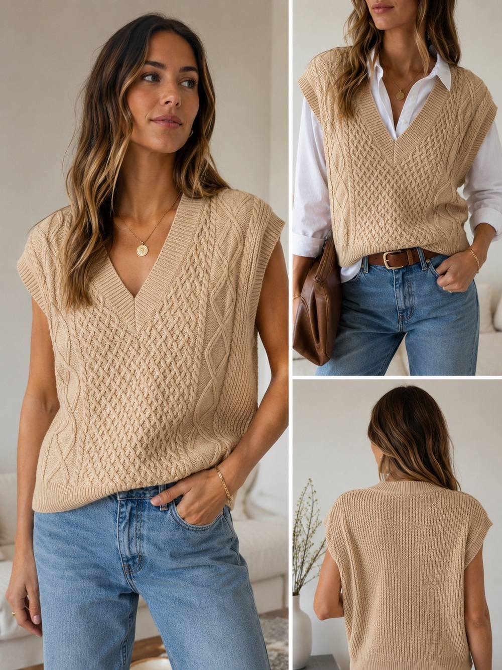 BDG Cable Knit Sweater Vest | Beige V-Neck Chunky Knit | Size M/M